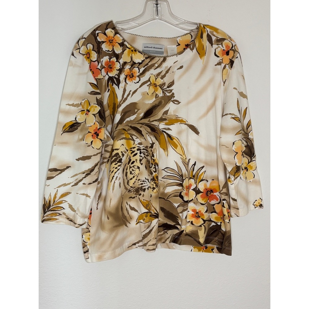 Alfred Dunner Petite PXL Tiger Floral Print 3/4 Sleeve Top Cream Yellow Brown